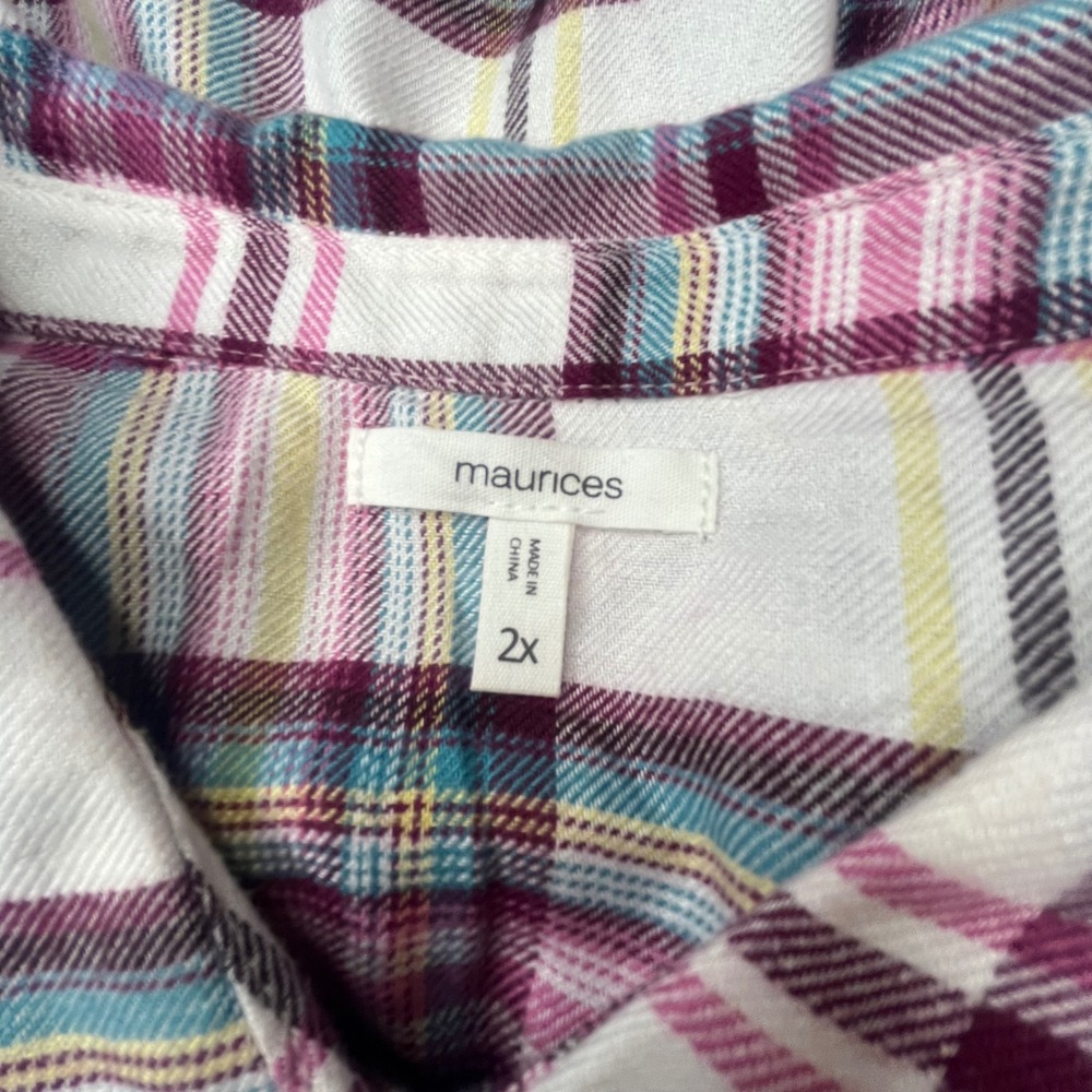 Maurices Womens 2X Soft Plaid Button Down Pink Teal Rayon Blend Long Sleeve - Picture 3 of 9